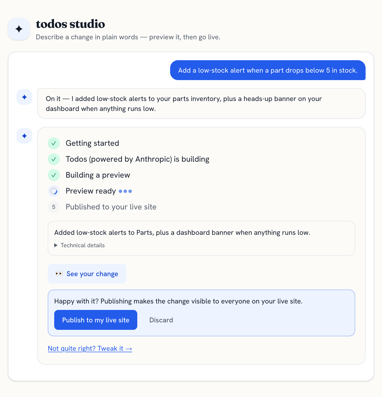 todos studio chat: a plain-English request to add a low-stock alert, building a preview, ready to publish to the live site.