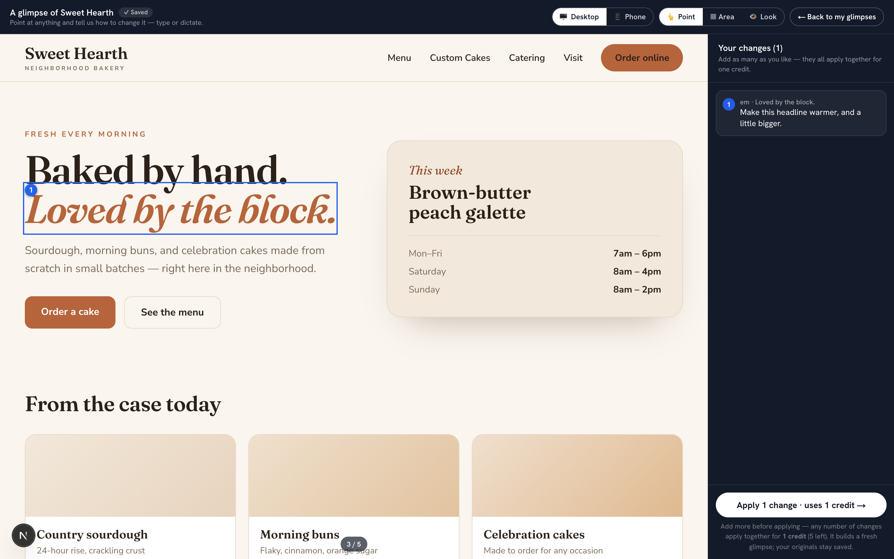 The glimpse studio: pointing at a headline on a preview of your site and typing a plain-English change, saved as a numbered note.